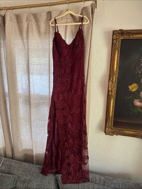 Fancy Lace Slit Leg Burgundy Dress